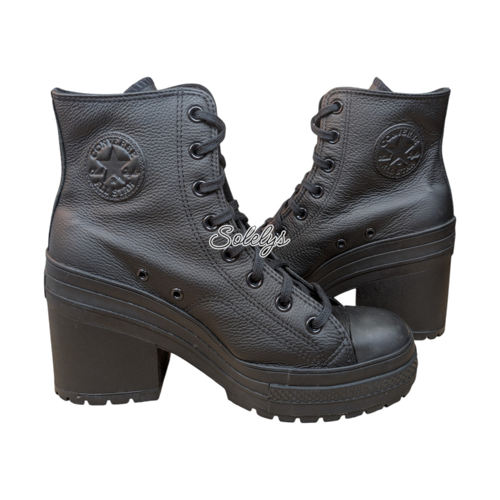 Converse Chuck 70 De Luxe Heel Leather Black Monochrome Sneaker Boot Womens 10.5